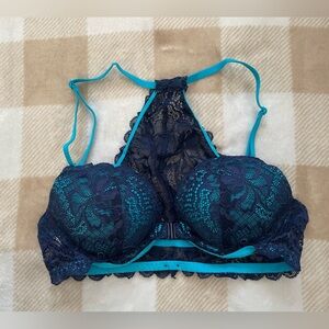 Victoria's Secret Lace Bralette in Dark Blue and Turquoise Halter Style 32B Bra